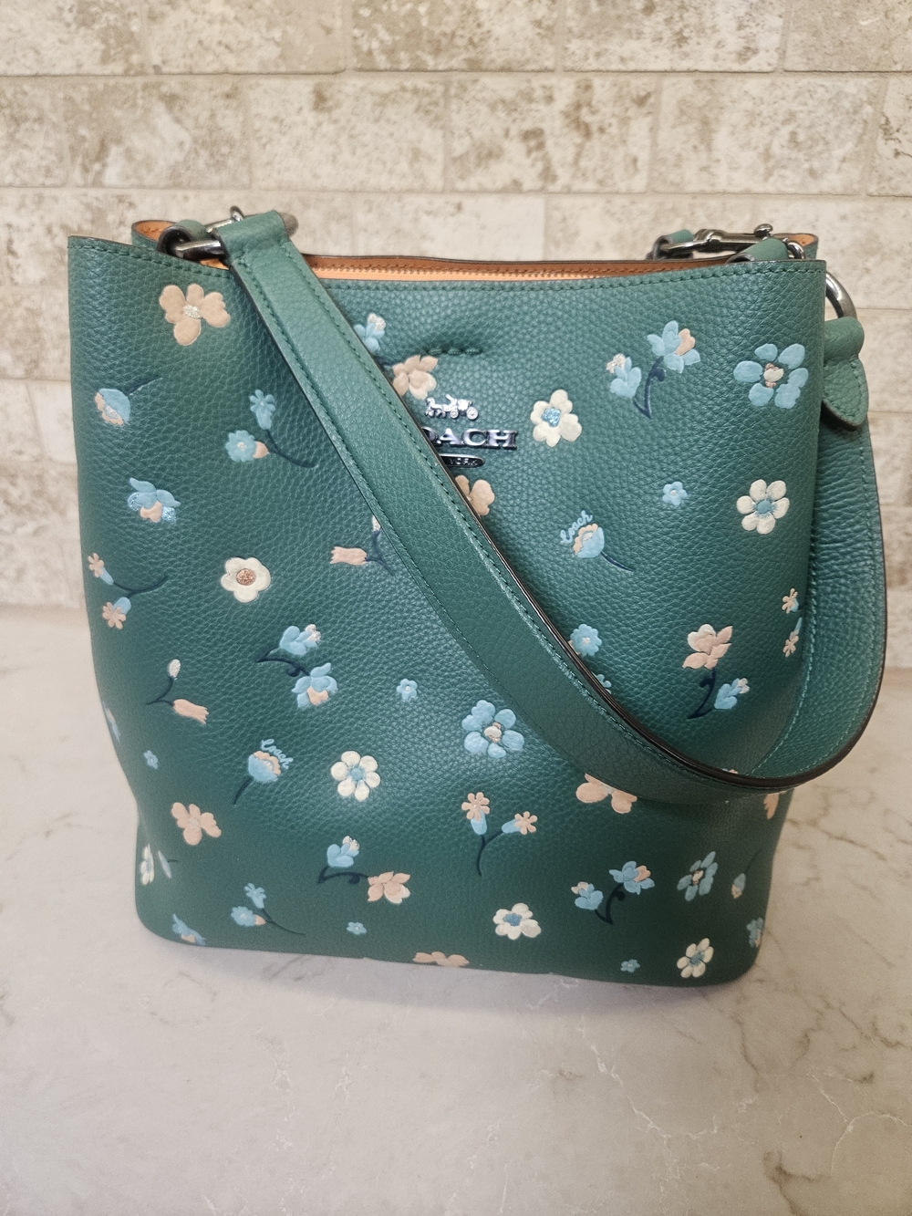 Coach Green Floral Leather Town Bucket - Picture 2 of 10